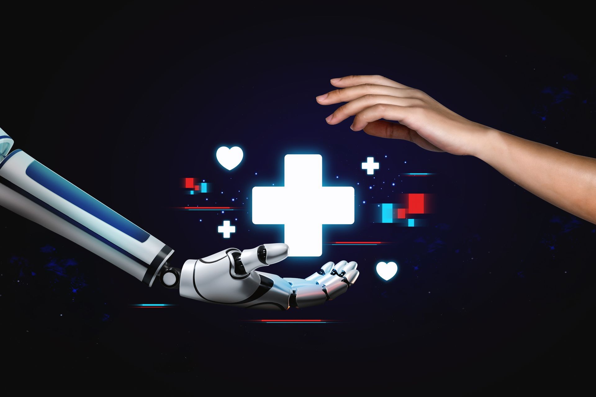 A robotic hand is reaching out towards a human hand holding a cross.