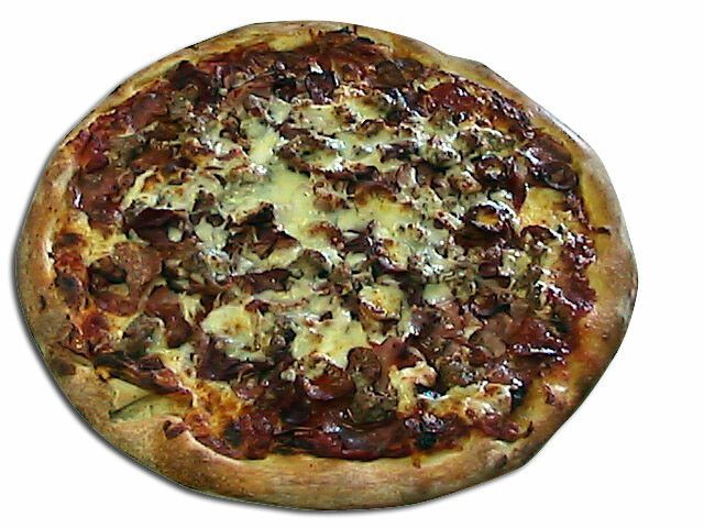 Pizza with meat toppings and melted cheese.