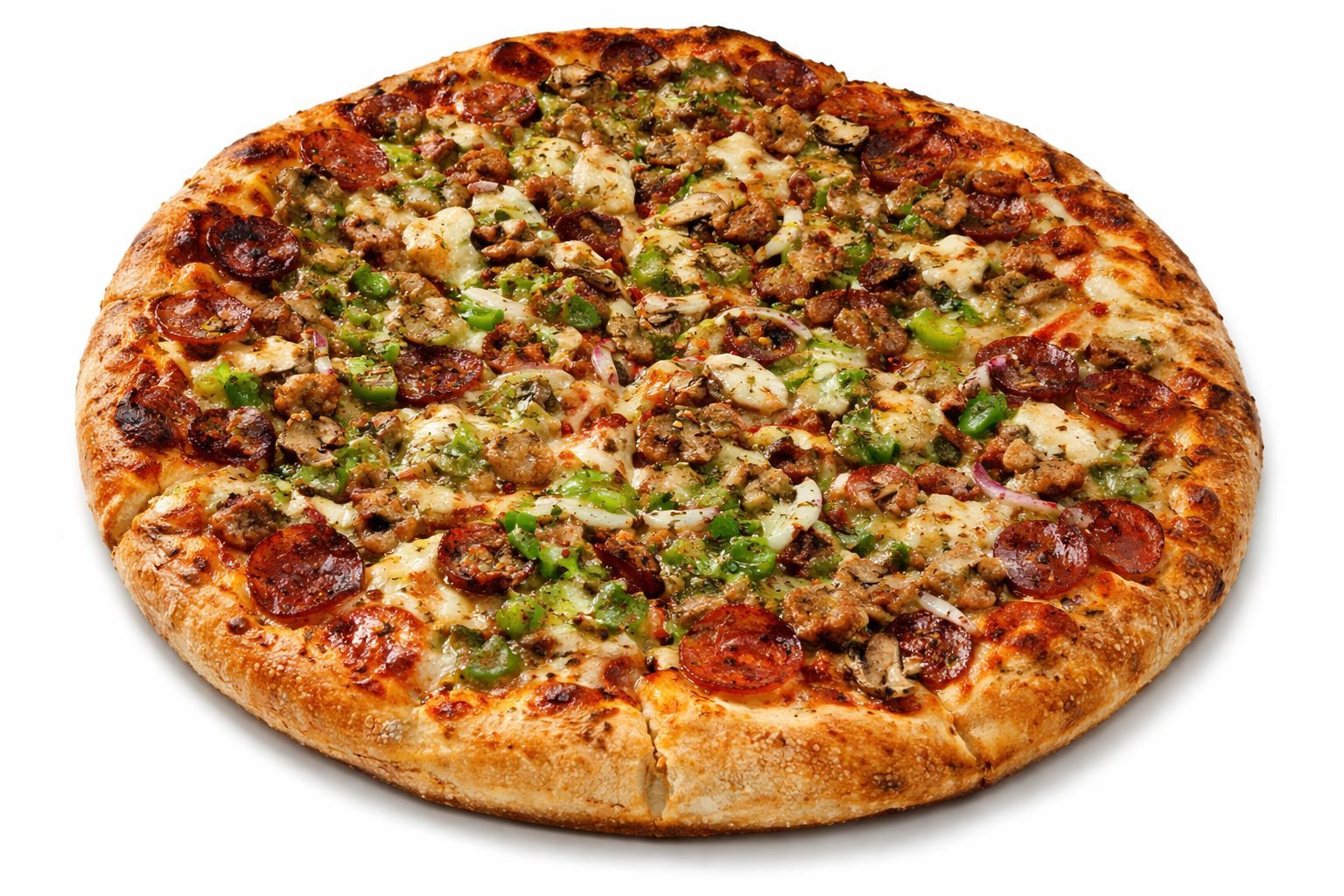 Pizza with pepperoni, sausage, green peppers, and cheese on a golden crust.