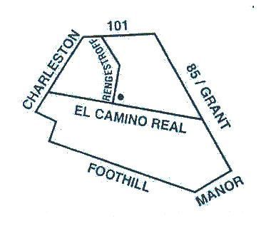 Map of roads: Charleston, El Camino Real, Foothill, Manor, Grant, Rengstorff, and 101.