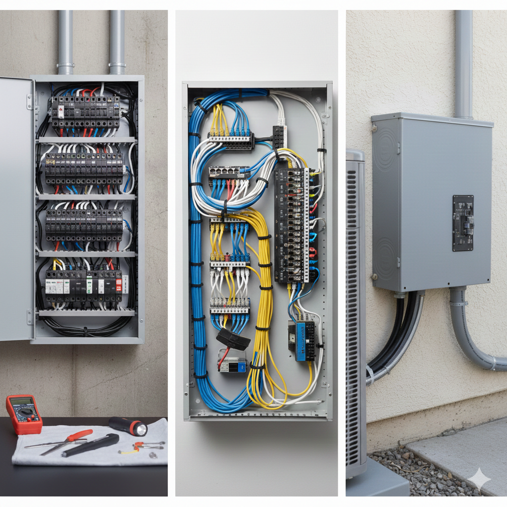 Electrical panels with wiring, tools, and conduit on a wall.