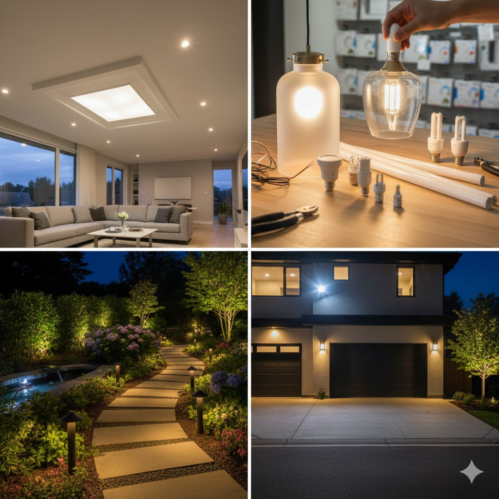 Four images showcasing different lighting applications: interior, DIY, outdoor garden, and exterior house lighting.