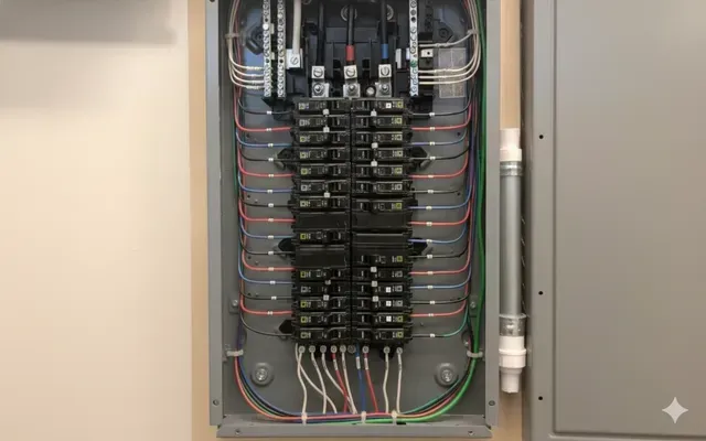 Electrical panel with numerous circuit breakers and wires. Gray metal enclosure, white, red, and green wires visible.