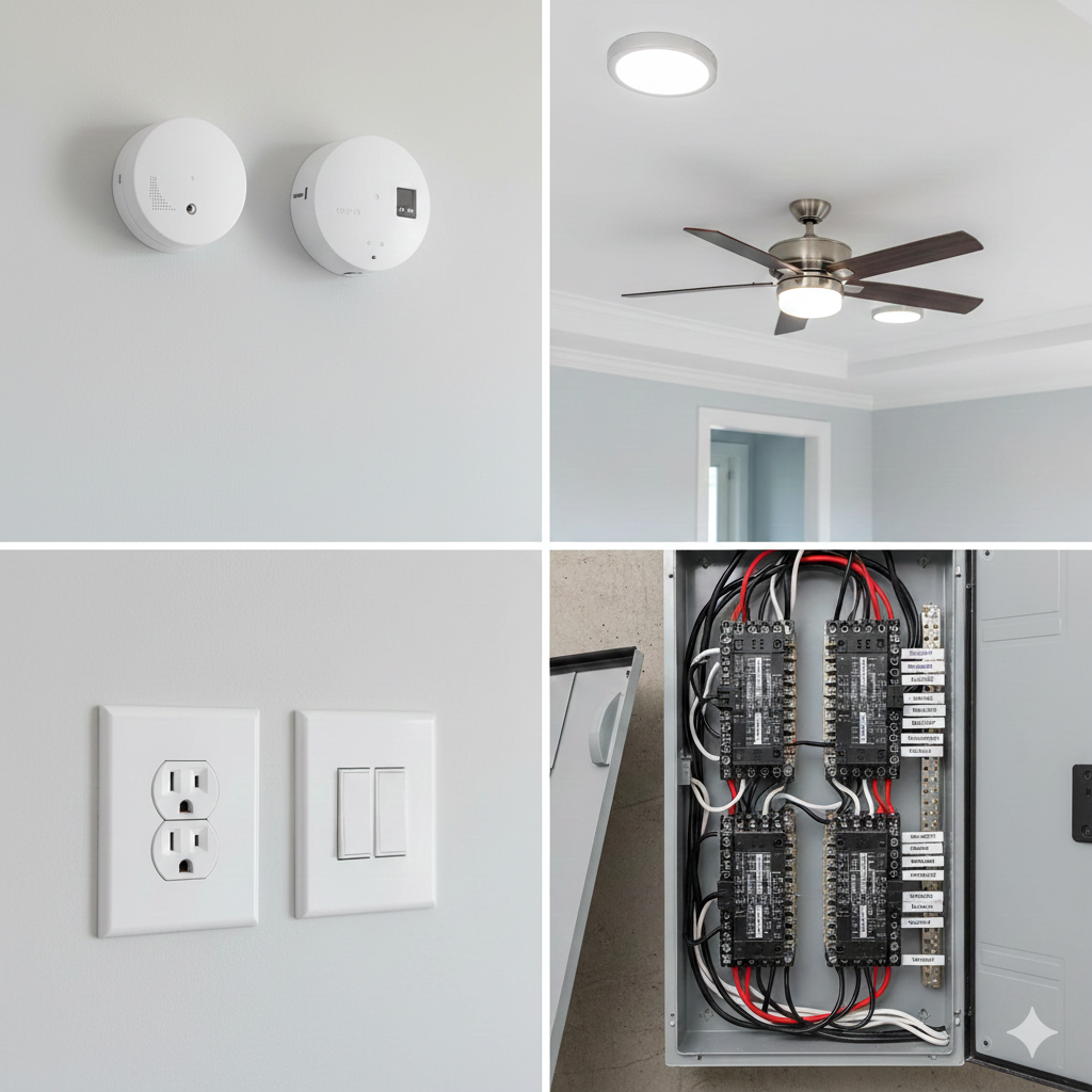 Four interior electrical components: smoke detectors, ceiling fan with lights, wall outlet and switch, and electrical panel.