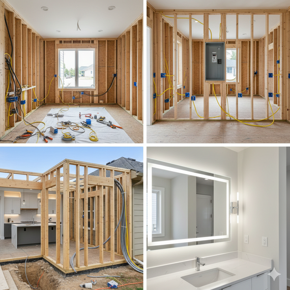 Construction photos: Framing of interior walls, electrical wiring, and a finished bathroom with a lit mirror.
