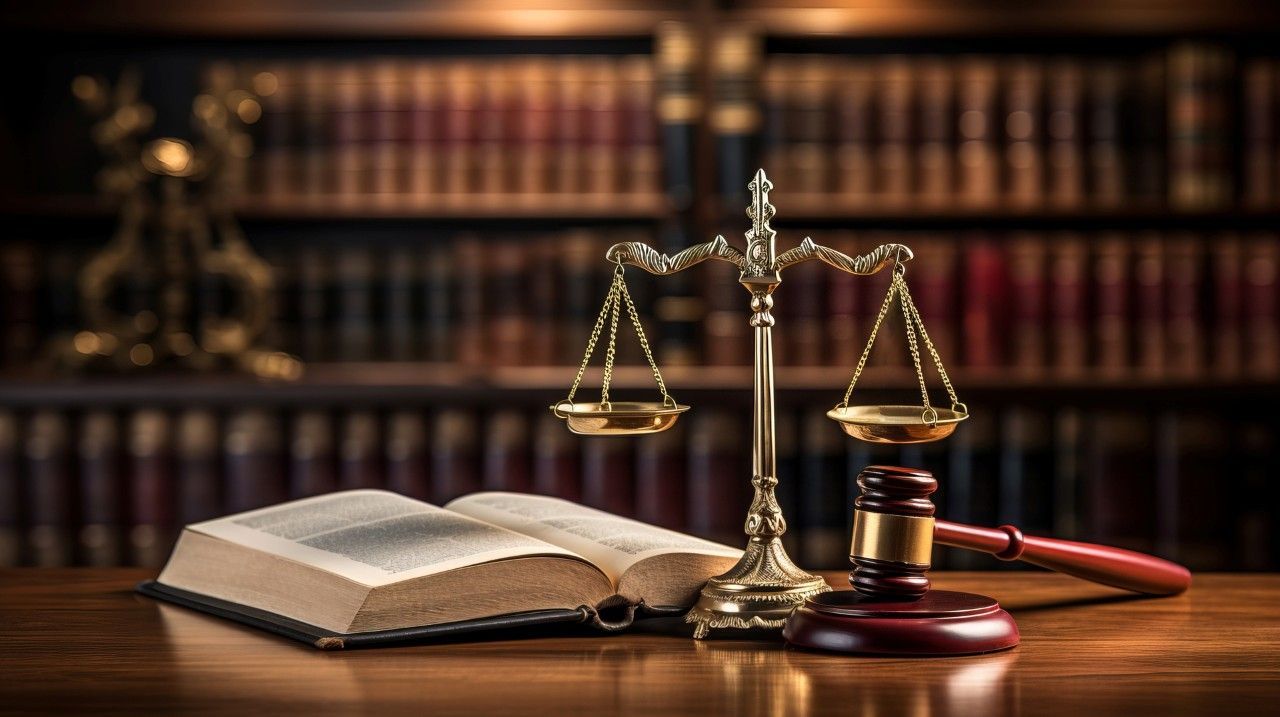 book, gavel, and a scale on a wooden table