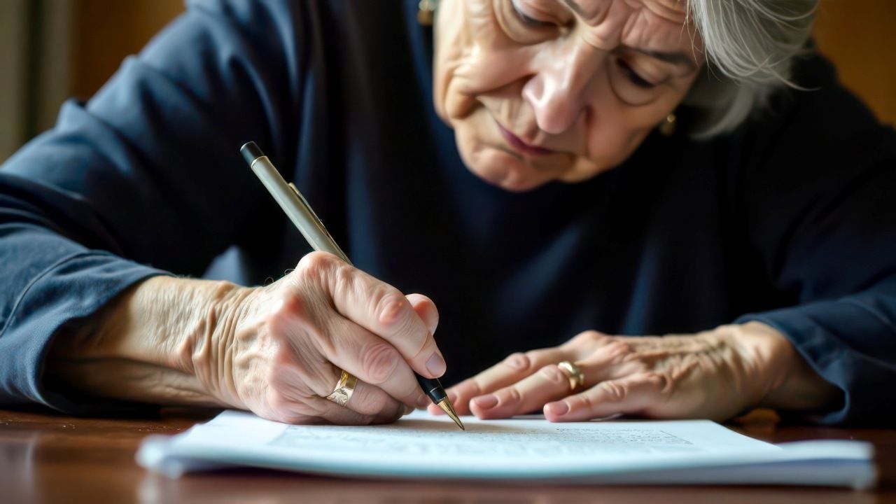 elderly woman looking down writing using a pen