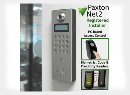 A Paxto Net2 banner and a wall mounted access control system