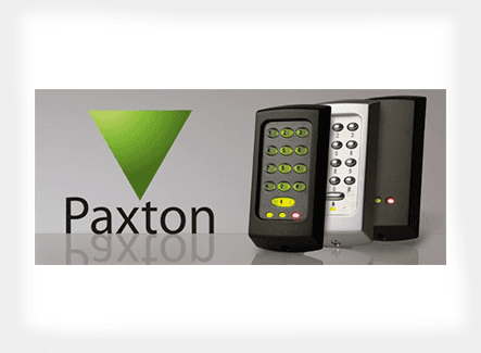 Paxton logo against three security systems