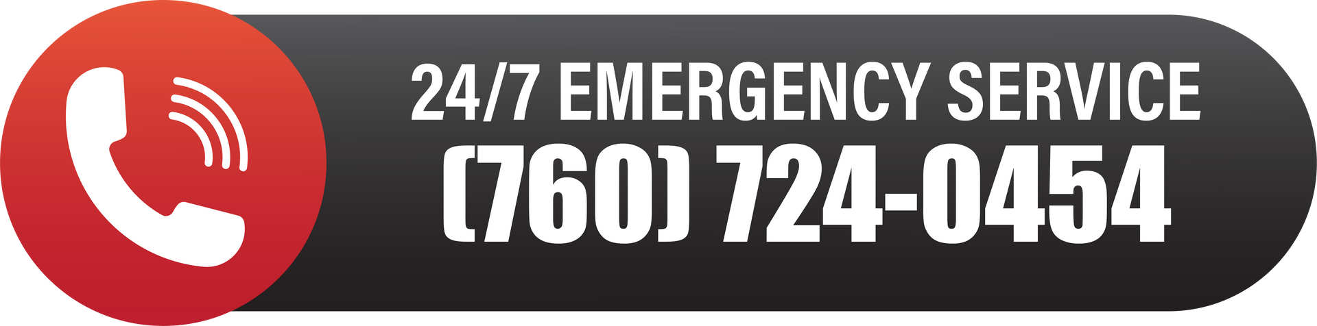 Red phone icon with a black background with 24/7 Emergency Service, and phone number (760) 724-0454.