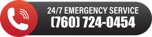 Red phone icon with a black background with 24/7 Emergency Service, and phone number (760) 724-0454.