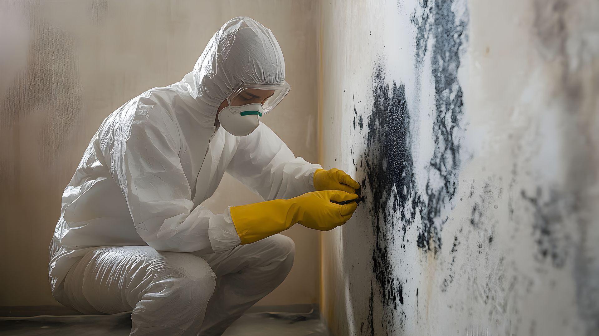 Mold infestation on interior wall in a corner, showing dark patches, water damage. Person in protective suit inspecting mold on a wall.