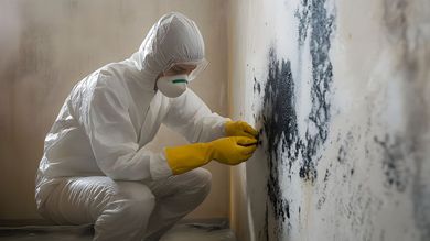 Mold infestation on interior wall in a corner, showing dark patches, water damage. Person in protective suit inspecting mold on a wall.