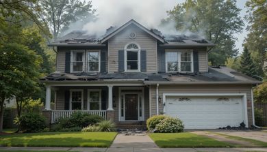Interior of a room destroyed by fire; charred walls, broken debris, and window frames visible. Interior of a room destroyed by fire; charred walls, broken debris, and window frames visible.