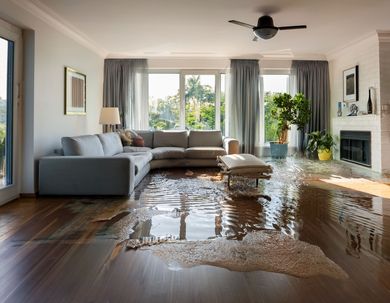 Indoor room flooded with water, reflecting objects like a drying rack and partially opened doors. Living room flooded with water, affecting the wood floor. Furniture and plants are present.
