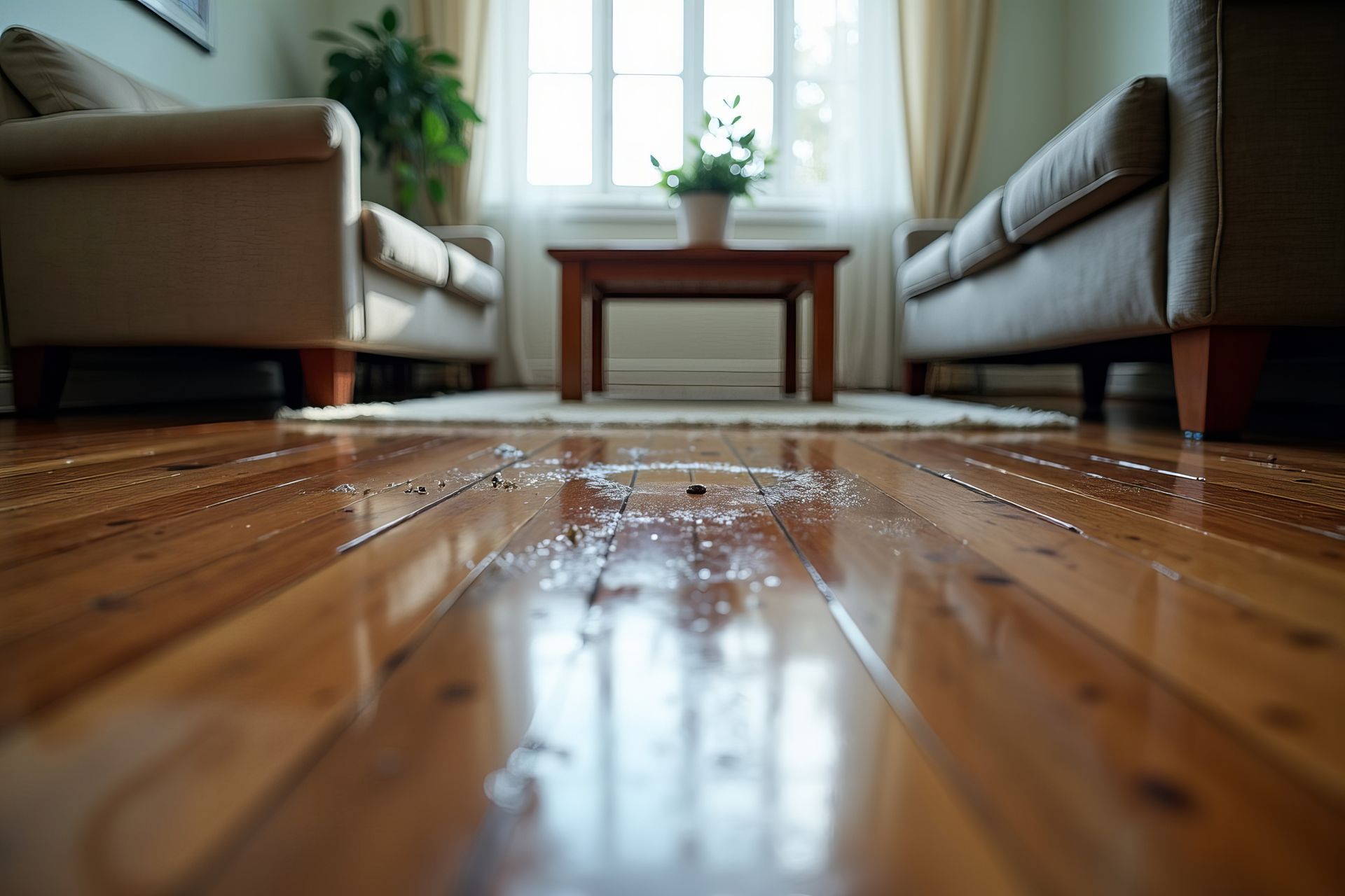 Water damage restoration service removing water from hardwood floor in modern living room.