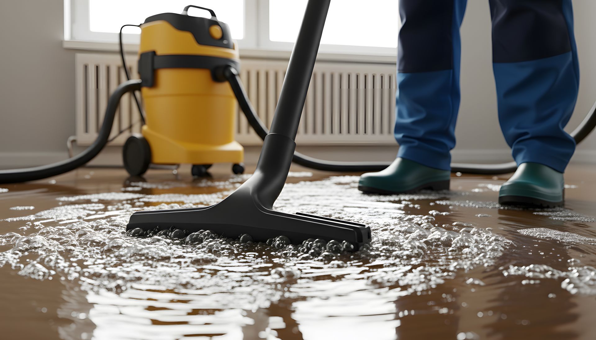 Person using a yellow wet vacuum cleaner to remove water from a flooded wooden floor for professional water damage restoration service