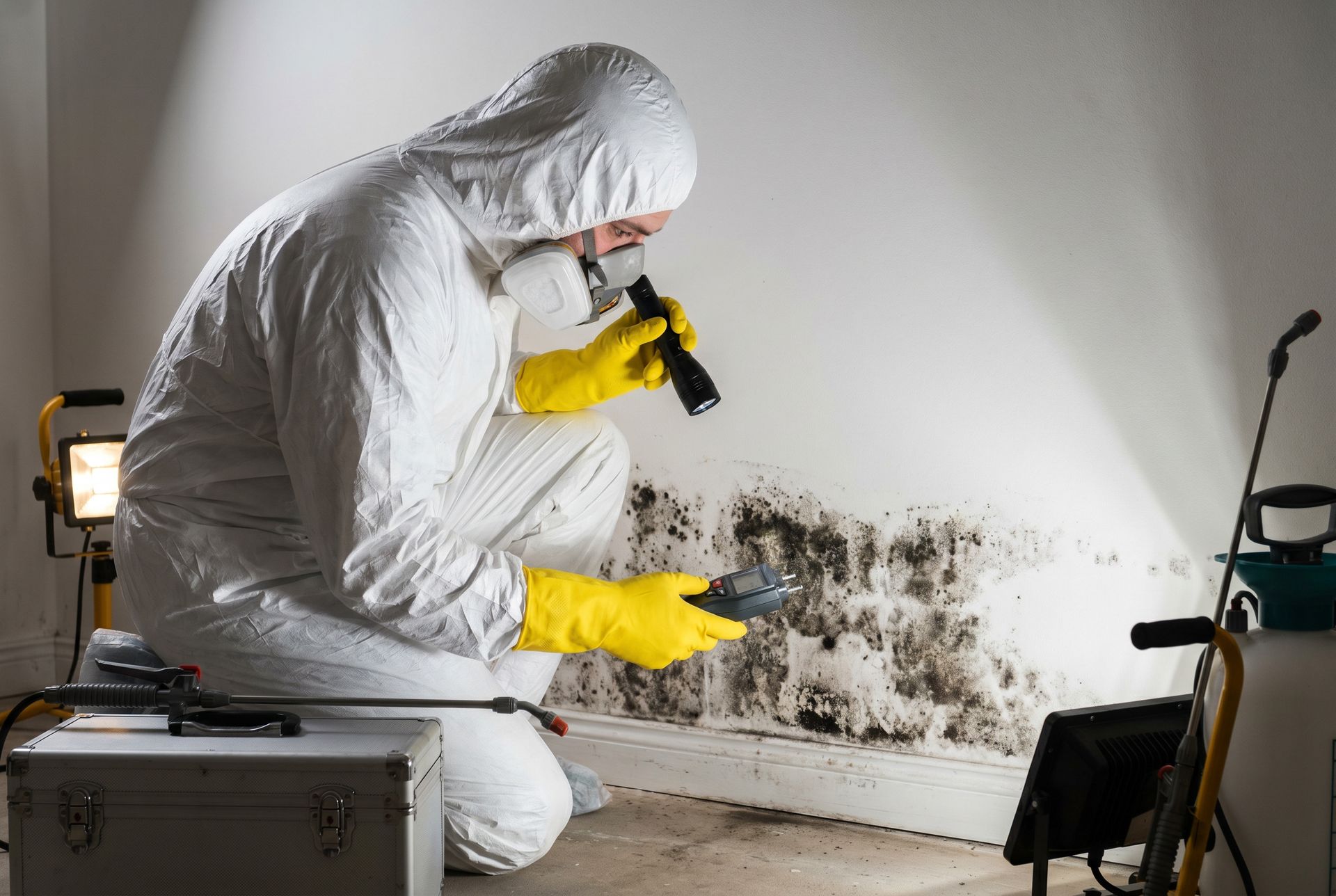 Professional mold remediation inspector in hazmat suit and respirator using a moisture meter and flashlight to examine toxic black mold on a basement wall