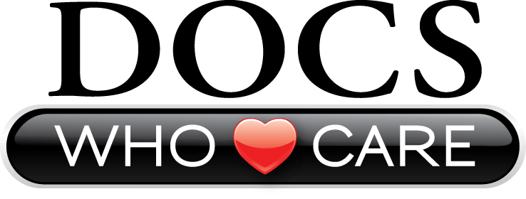 A logo for docs who care with a red heart