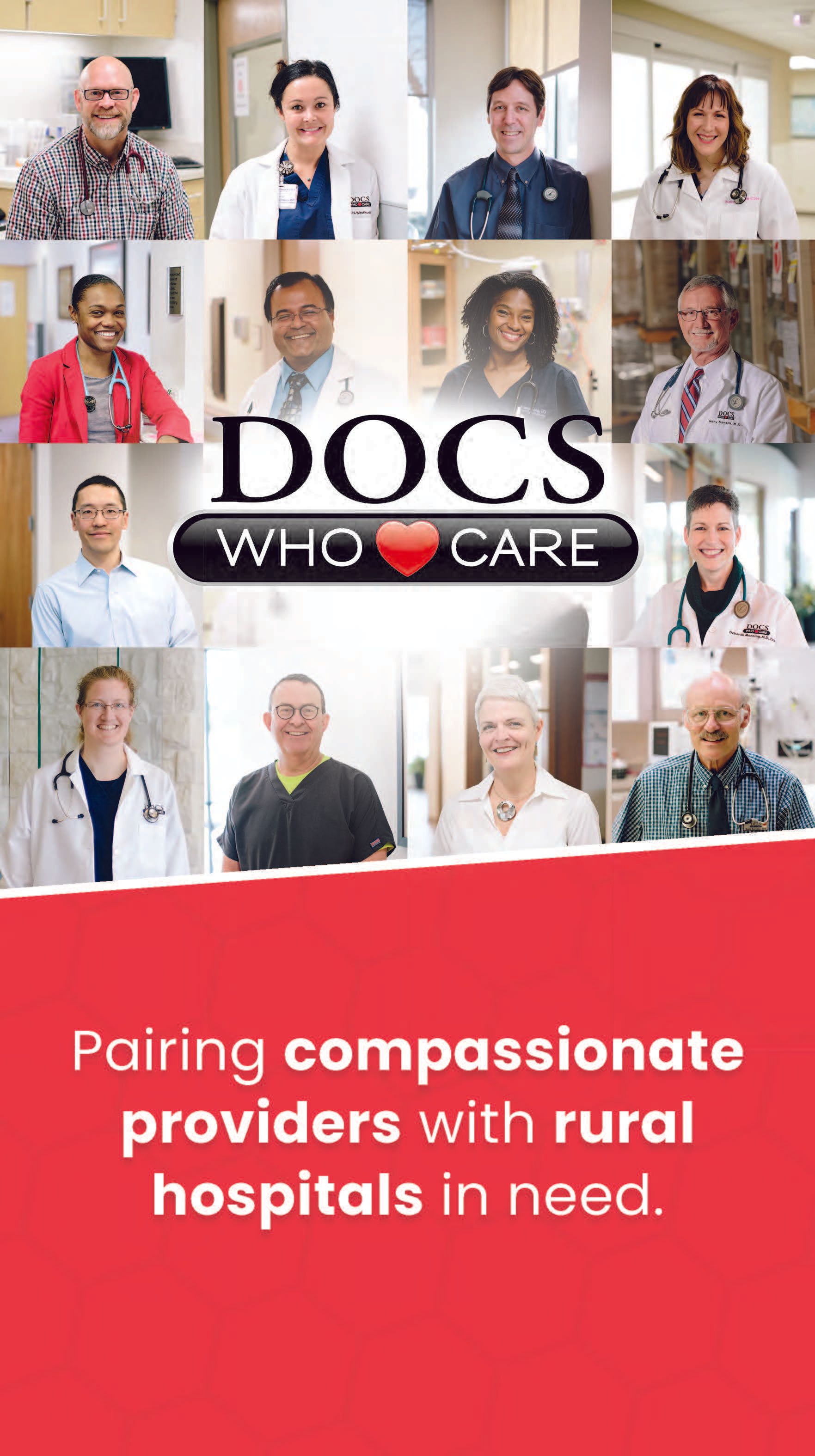 A poster for docs who care pairing compassionate providers with rural hospitals in need.