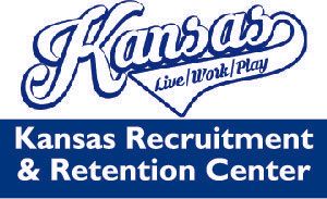 The kansas recruitment and retention center logo is blue and white