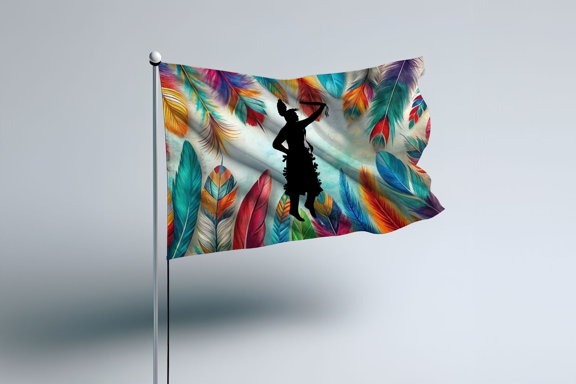 A colorful flag with a silhouette of a man and feathers on it.