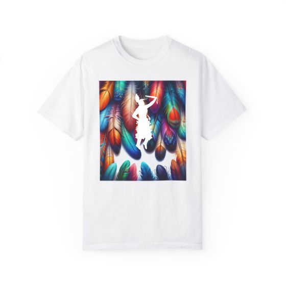 A white t-shirt with a picture of an indigenous person and feathers on it