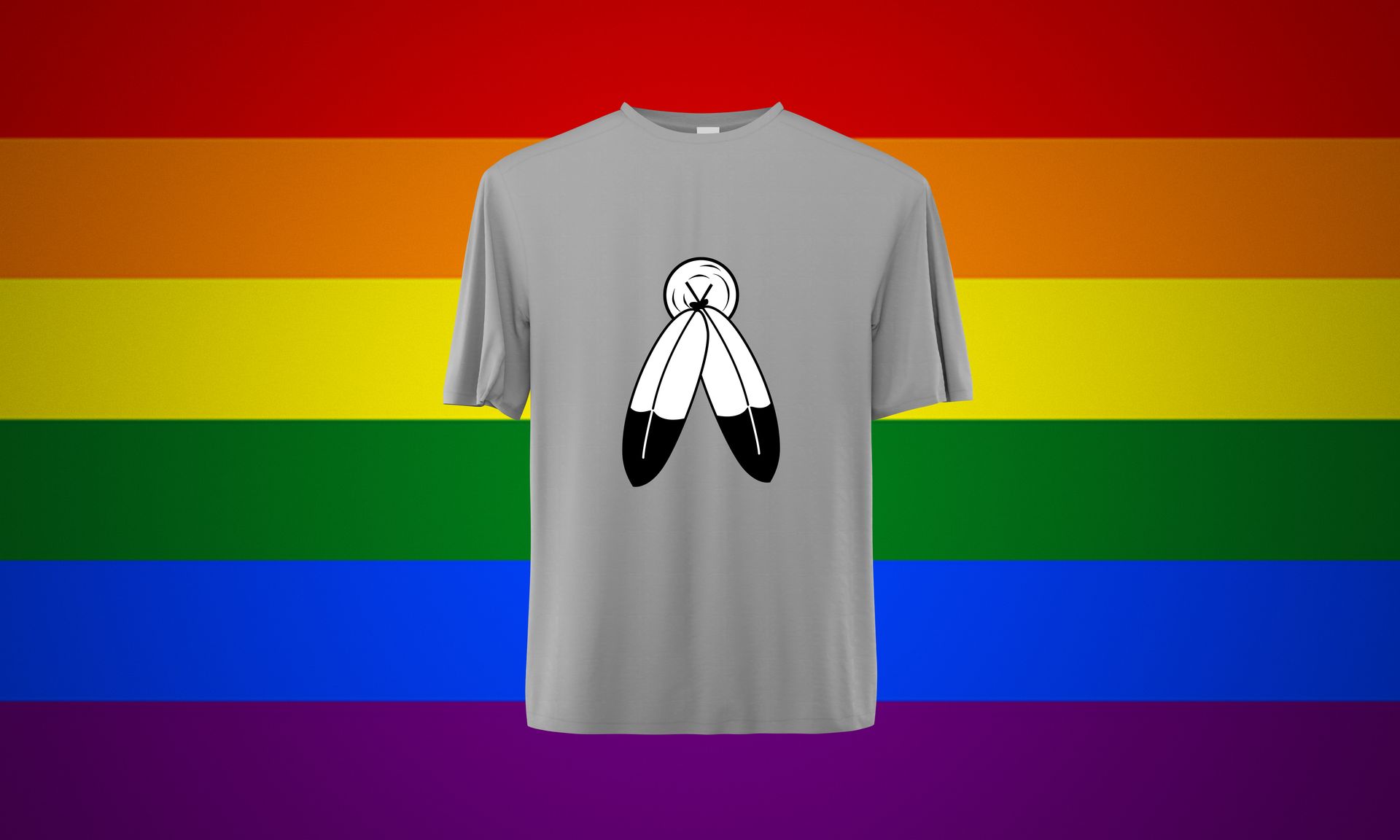 A t-shirt with a rainbow flag in the background