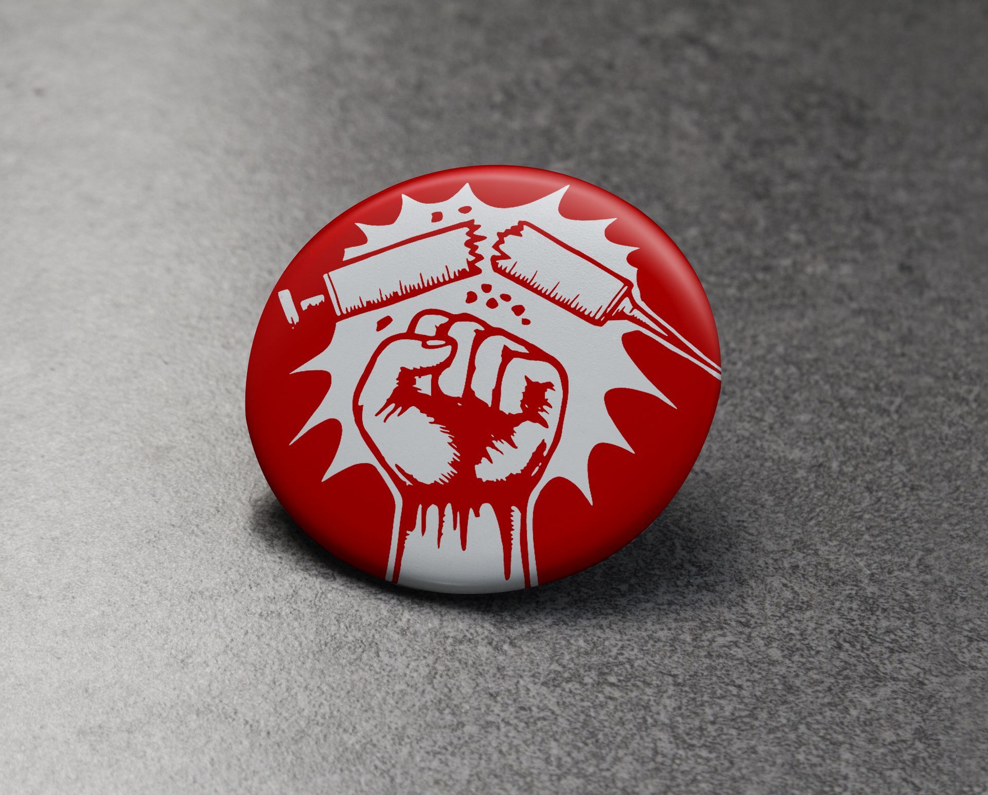 A red button with a fist holding a syringe on it