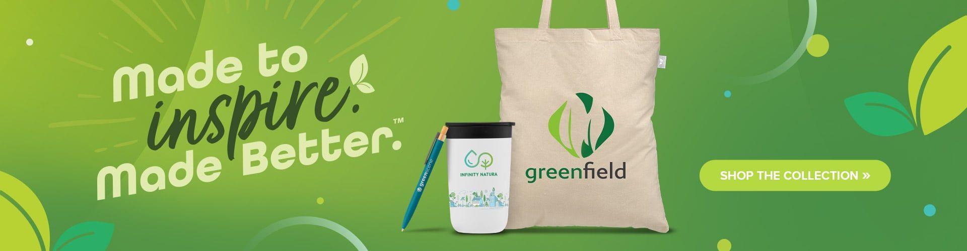 A green background with a tote bag , cup and pen.