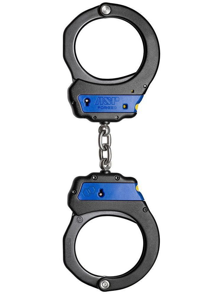 A pair of black and blue handcuffs on a chain on a white background.