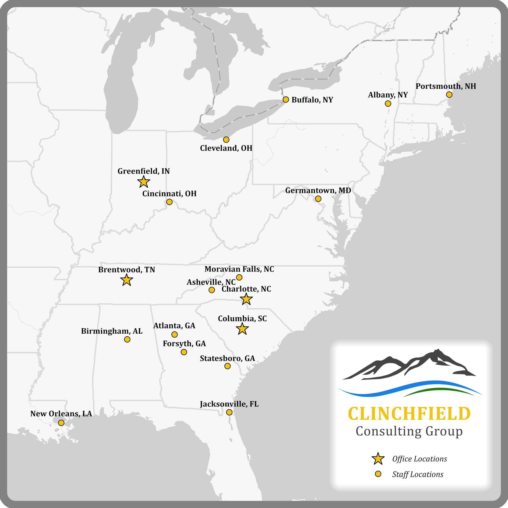 map of locations and satellite offices. 
