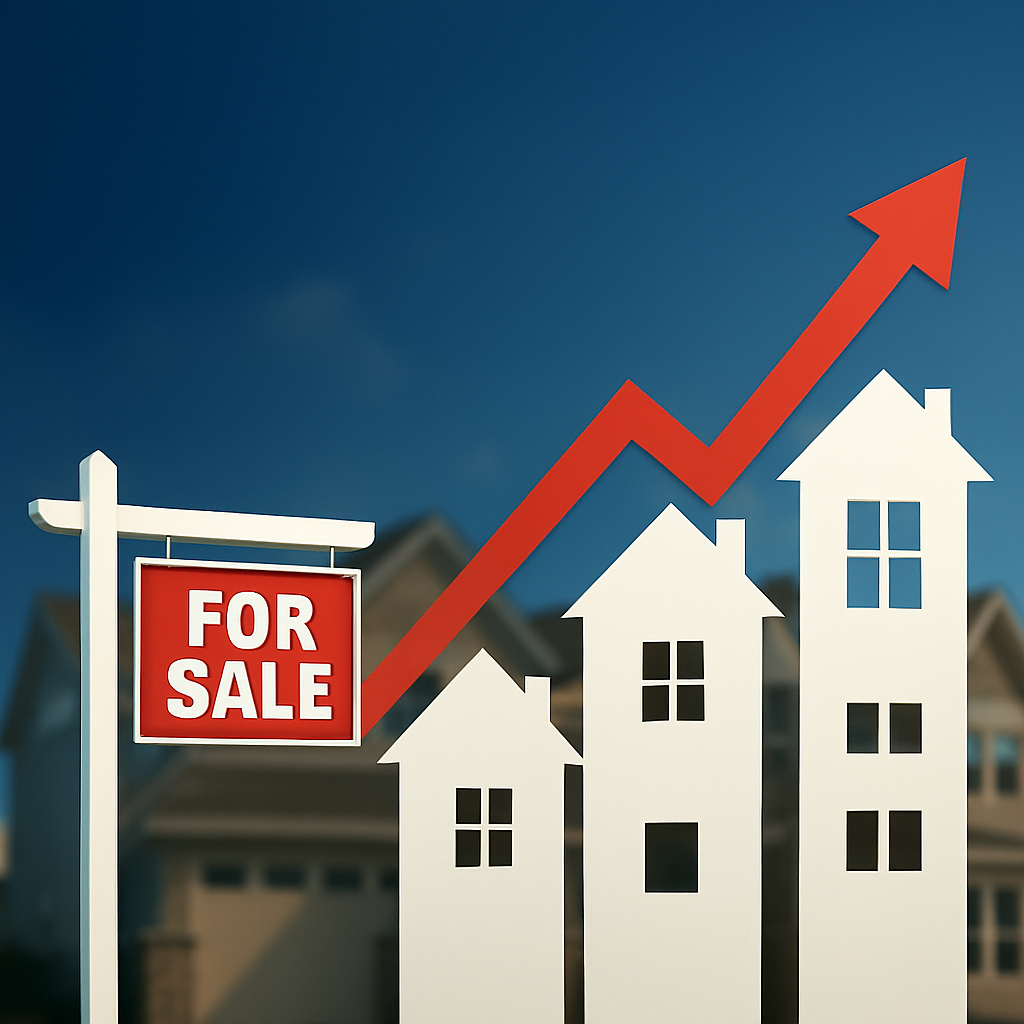 Real estate sign with houses and a rising red arrow, symbolizing a home market increase