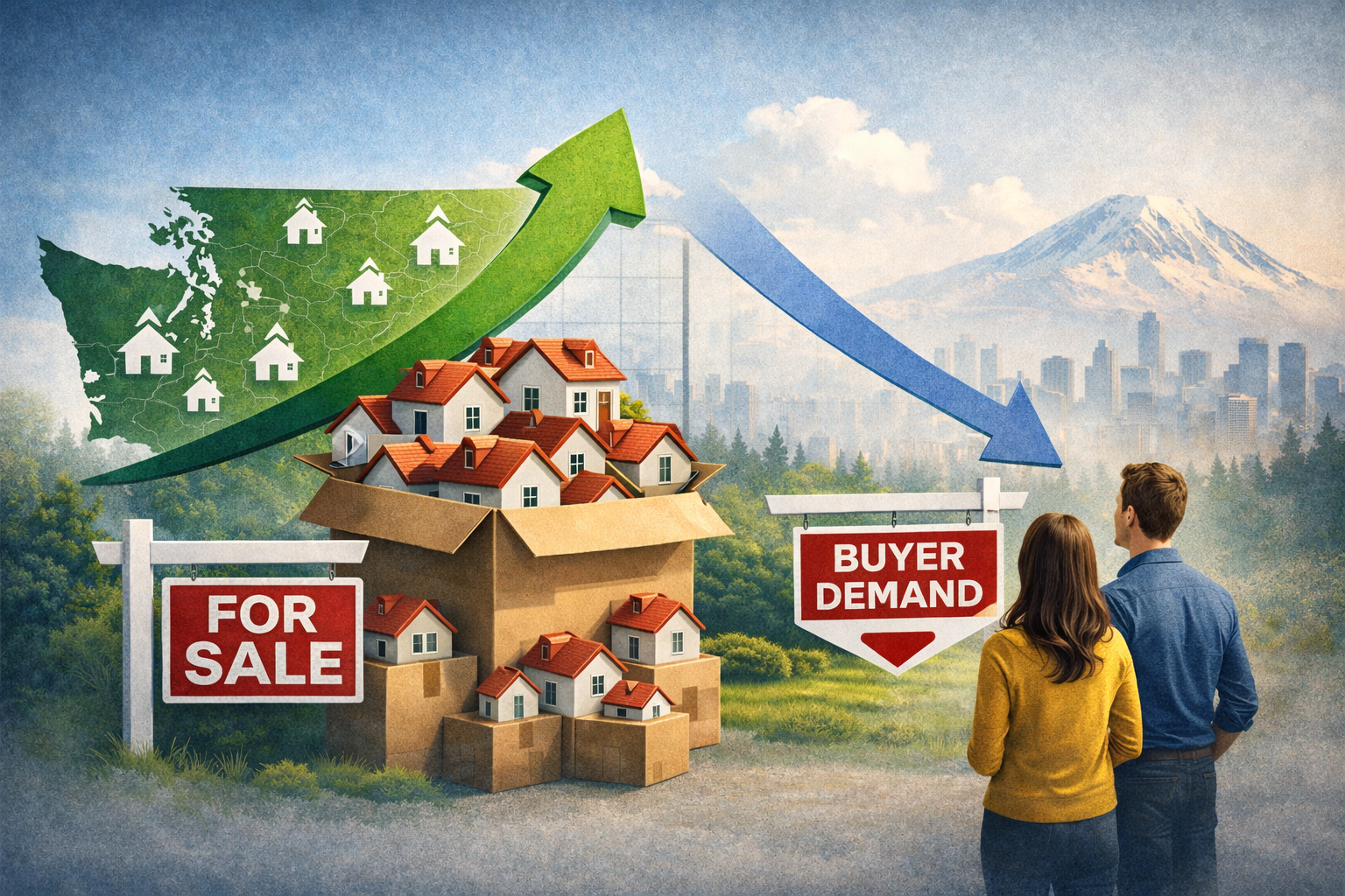 Housing market graphic with homes, “For Sale” and “Buyer Demand” signs, and arrows showing prices rising and demand falling