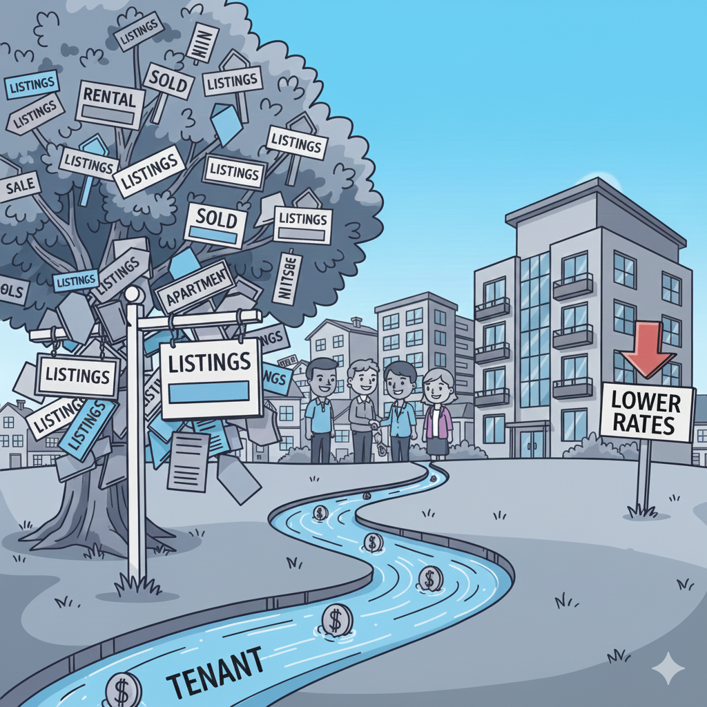 Cartoon of a tenant walking a winding path toward lower rates past a crowded tree of 