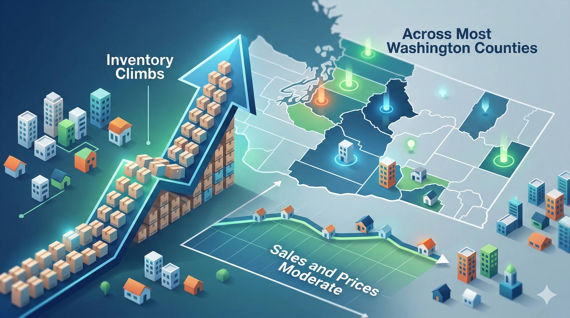 Data dashboard showing inventory decline and rising trends across Washington counties on a blue map.