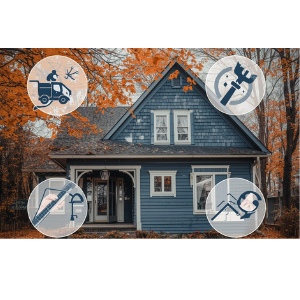 Blue house with orange autumn trees and four home service icons overlaid