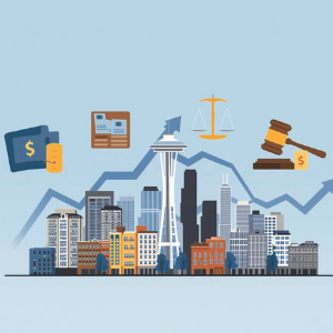 City skyline with financial icons, a balance scale, and a judge’s gavel over a rising blue graph