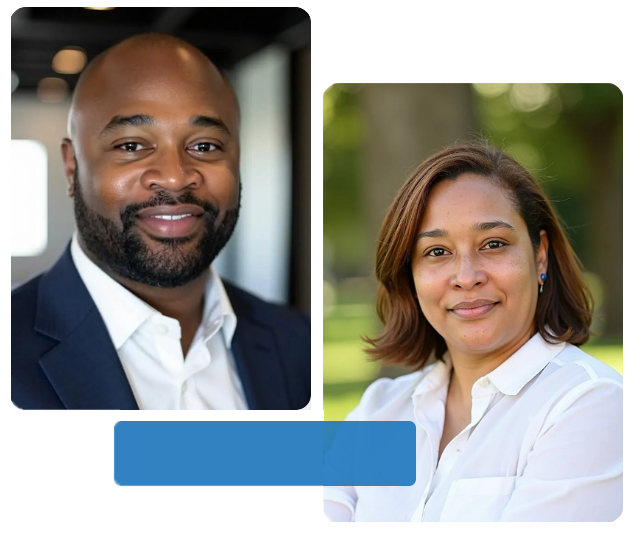 Two people, a man in a blazer and a woman in a white shirt, smile.