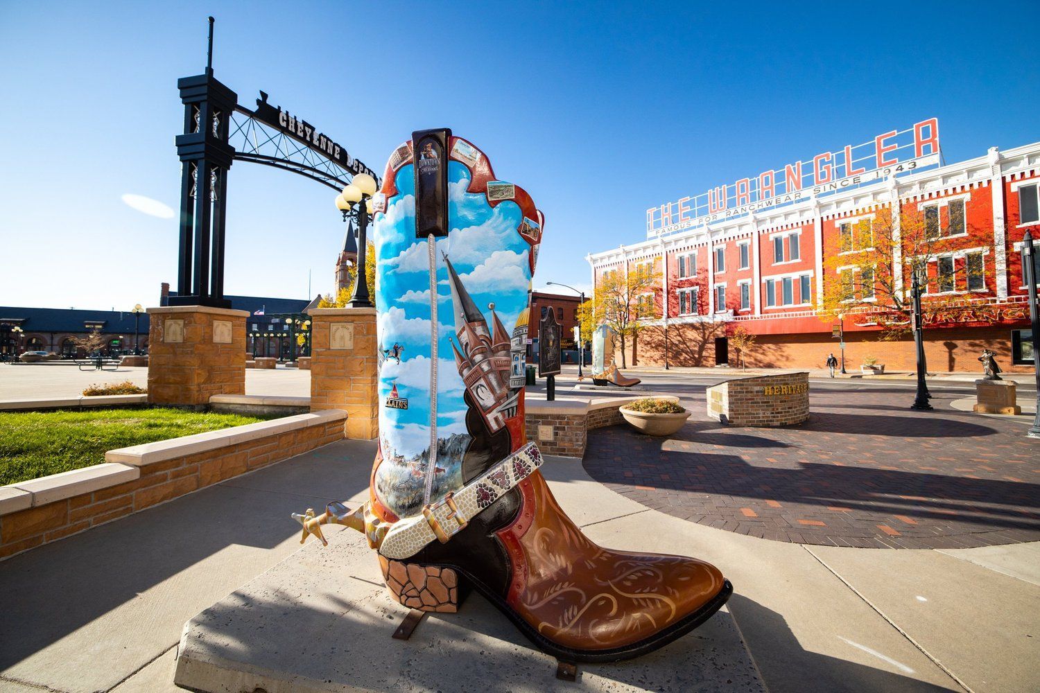 Cheyenne Depot Plaza community art featuring a large decorative boot in downtown Cheyenne, Wyoming
