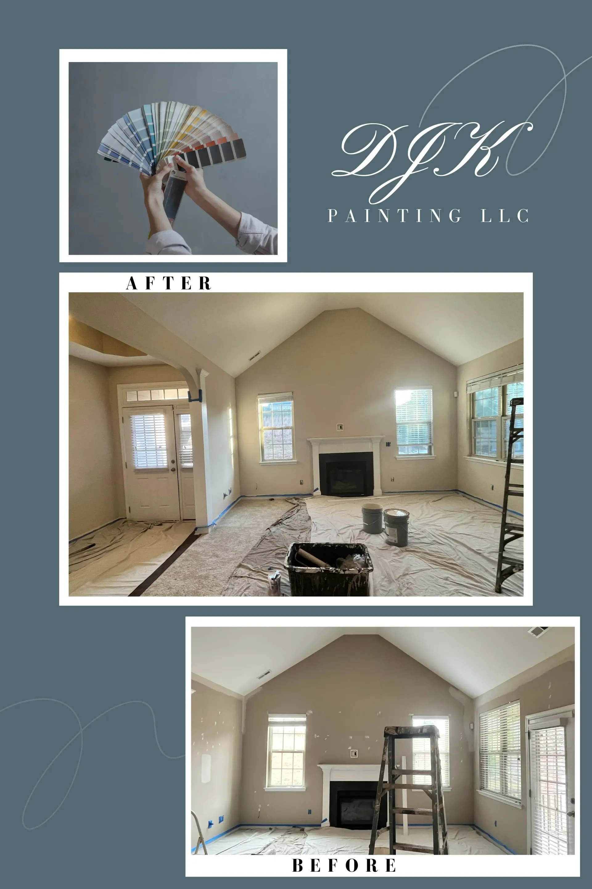 A before and after picture of a living room being painted.