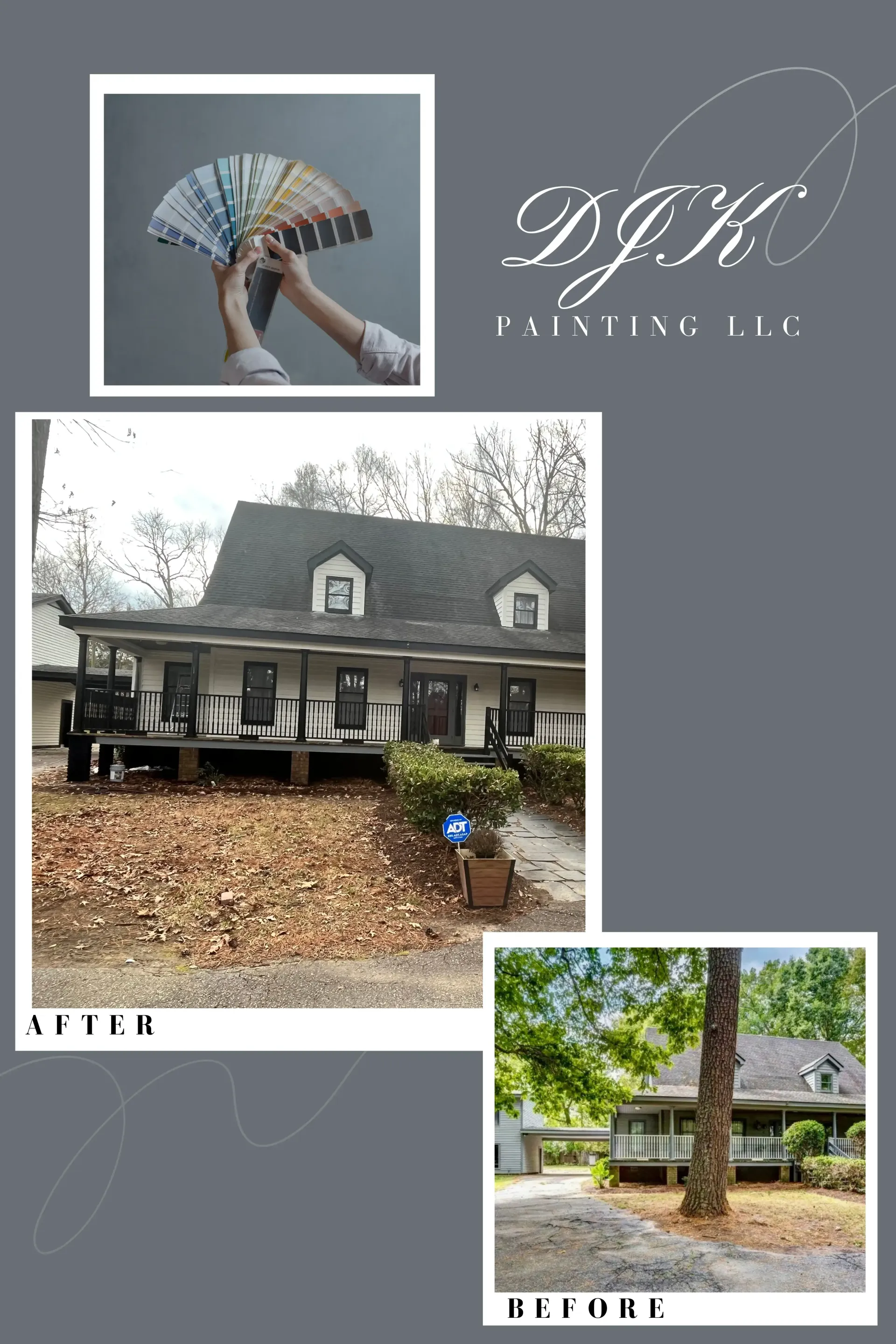 A before and after picture of a house being painted.