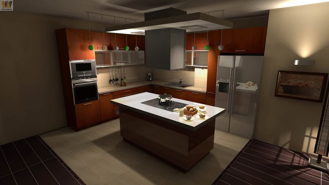 Modern kitchen with central island, wood cabinets, stainless refrigerator, and warm lighting