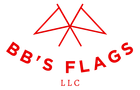 The logo for bb 's flags llc has a red triangle and the words bb 's flags llc.