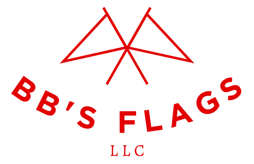 The logo for bb 's flags llc has a red triangle and the words bb 's flags llc.