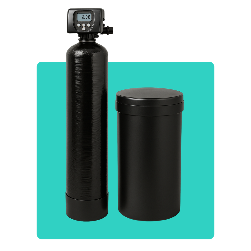 A black water filter is sitting on top of a white surface.