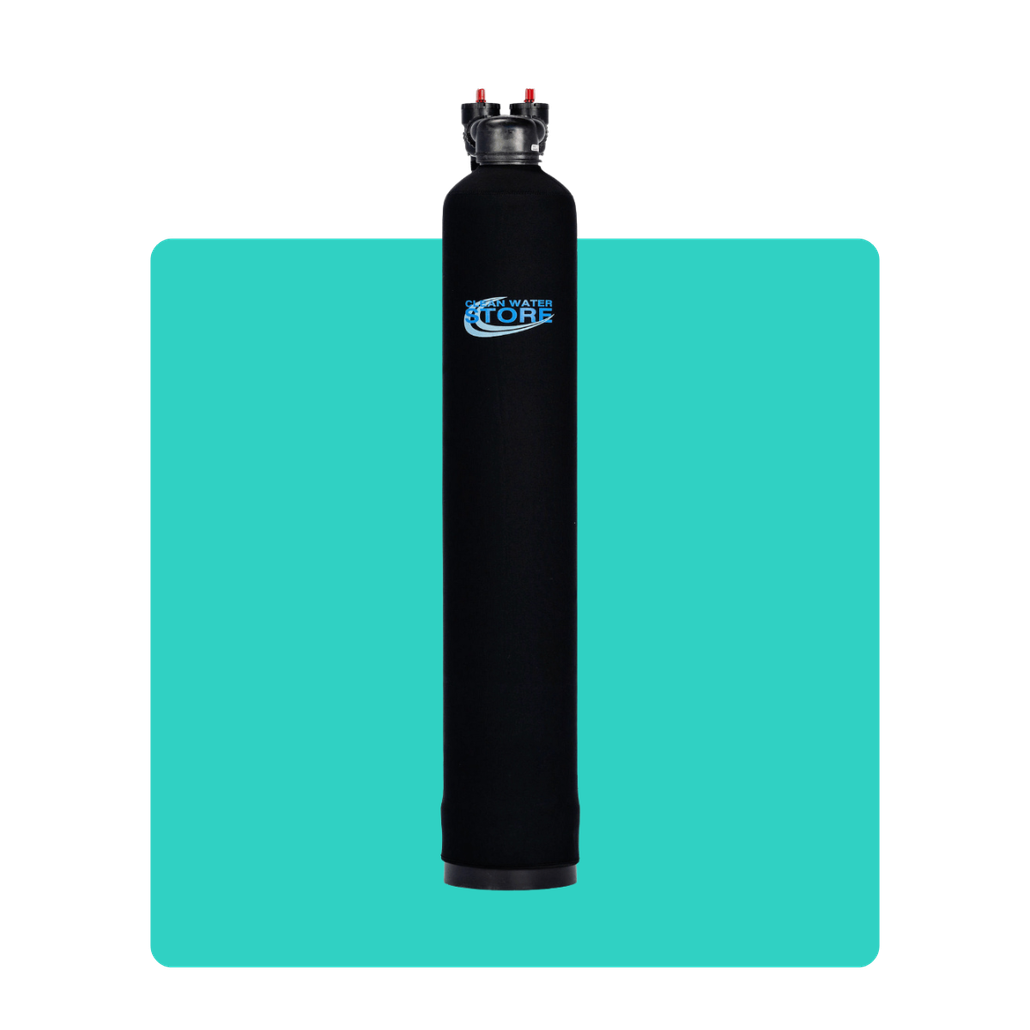 A black water filter is sitting on top of a white surface.