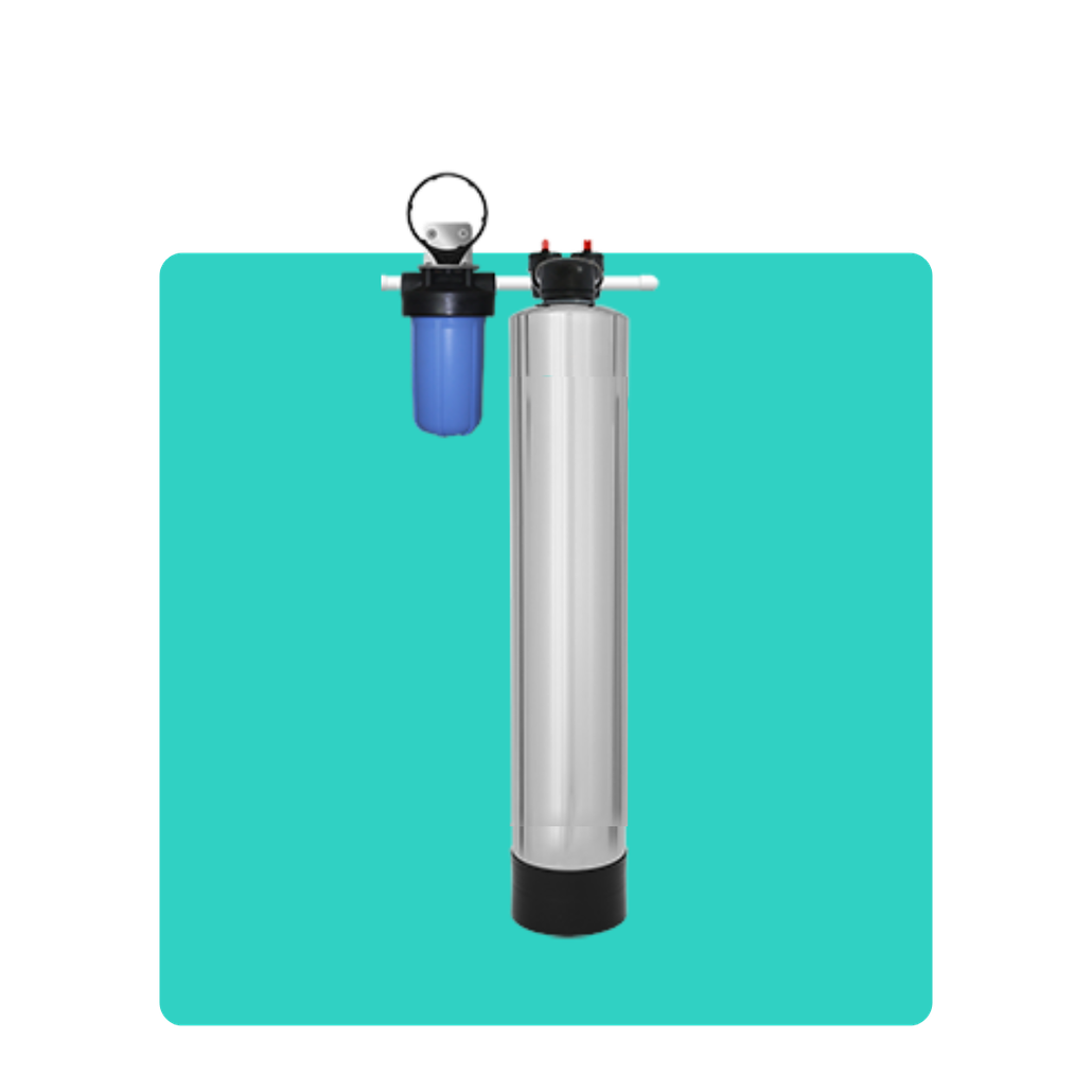 A stainless steel water filter with a blue filter attached to it.