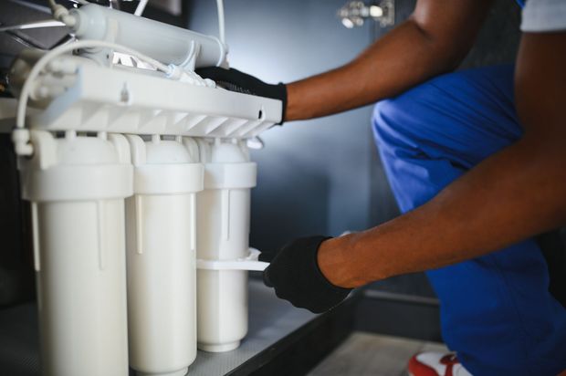 A man is fixing a water filter under a sink.