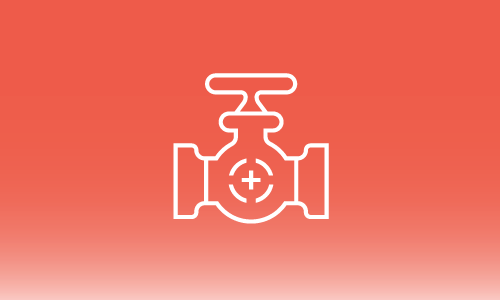 A line drawing of a boiler with steam coming out of it on a red background.